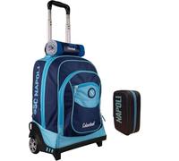PRESTIGE & DELUXE Trolley zaino scuola Napoli Blu nuova collezione Doppio Scomparto, Tasca Bambino Ragazzo + Astuccio 1 zip completo di cancelleria con portachiave squadra