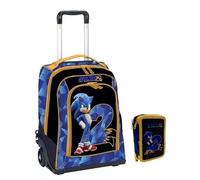 PRESTIGE & DELUXE Trolley zaino Scuola Sonic 2 + astuccio 3 piani completo di cancelleria + omaggio orologio digitale Sonic e 7 penne cancellabili