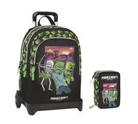 PRESTIGE & DELUXE Trolley Zaino Scuola Staccabile compatibile con Minecraft per bambini + astuccio 3 piani completo di cancelleria + 7 Penne Scatto cancellabili e portachiave fischietto