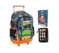 PRESTIGE & DELUXE Trolley Zaino Scuola Stumble Guys Tondo 3 Scomparti zip per bambini primaria media + Astuccio One time + Diario + Set scrittura e portachiave personaggio Stumble Guys