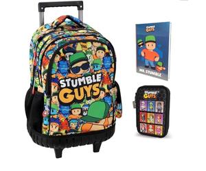 PRESTIGE & DELUXE Trolley Zaino Scuola Stumble Guys Tondo 3 Scomparti zip per bambini primaria media + astuccio 3 piani completo + Diario + Set scrittura