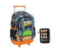 PRESTIGE & DELUXE Trolley Zaino Scuola Stumble Guys Tondo 3 Scomparti zip per bambini primaria secondaria + Astuccio One time + Set scrittura e portachiave personaggio Stumble Guys