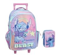 PRESTIGE & DELUXE Trolley Zaino Scuola Tondo 3 Scomparti zip design Stitch per bambine primaria media + astuccio 3 piani completo + Set scrittura Stitch