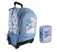 PRESTIGE & DELUXE Trolley Zaino Stitch azzurro ideale per bambine scuola primaria + astuccio 3 pèiani completo di cancelleria + 7 Penne Scatto cancellabili e portachiave Stitch