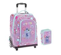 PRESTIGE & DELUXE Trolley Zaino Stitch per la scuola elementare Bambine + Astuccio 3 piani + omaggio 7 penne e portachiave paillettes