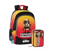 PRESTIGE & DELUXE Zaino Brainrot Capuchino Assassino 3 scomparti zip per scuola primaria + Astuccio 3 piani completo di cancelleria + set scrittura,portachiave Brainrot e 10 card
