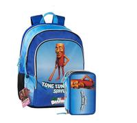 PRESTIGE & DELUXE Zaino Brainrot Tung Tung 3 scomparti zip per scuola primaria + Astuccio 3 piani completo di cancelleria + set scrittura,portachiave Brainrot e 10 card
