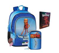 PRESTIGE & DELUXE Zaino Brainrot Tung Tung 3 scomparti zip per scuola primaria + Astuccio 3 piani completo di cancelleria + Diario + set scrittura,portachiave Brainrot e 10 card