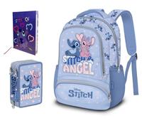 PRESTIGE & DELUXE Zaino organizzato Tondo Stitch azzurro ideale per bambine scuola primaria + astuccio 3 piani completo di cancelleria + 7 Penne Scatto cancellabili e portachiave Stitch