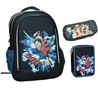 PRESTIGE & DELUXE Zaino Scuola 0ne Piece Nero Tondo 3 Scomparti zip per bambini primaria media + Astuccio 2 piani completo e astuccio ovale zip