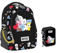 PRESTIGE & DELUXE Zaino Scuola BT21 Tondo per scuola primaria secondaria Bambini e ragazzi, Schienale E Spallacci Imbottiti + Astuccio 3 piani + 7 penne cancellabili e portachiave paillettes
