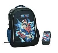 PRESTIGE & DELUXE Zaino Scuola compatibile con One Piece Nero blu Tondo 3 Scomparti zip per bambini primaria media + astuccio ovale zip + omaggio portachiave personaggio