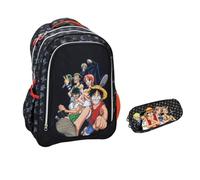 PRESTIGE & DELUXE Zaino Scuola compatibile con One Piece Tondo 3 Scomparti zip per bambini primaria media + astuccio ovale zip + omaggio portachiave personaggio