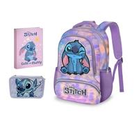 PRESTIGE & DELUXE Zaino Scuola Elementare Stitch Ovetto tondo per bambine + Astuccio 3 piani completo di cancelleria + Diario 2025/2026 + Kit scrittura 7 penne cancellabili e se scrittura Stitch