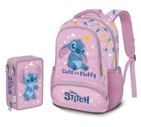 PRESTIGE & DELUXE Zaino Scuola Elementare Stitch Ovetto tondo rosa con cuori per bambine + Astuccio 3 piani completo di cancelleria + omaggio 7 penne e portachiave Stitch