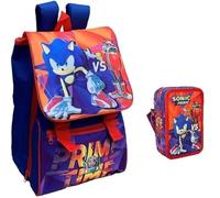 PRESTIGE & DELUXE Zaino Scuola Estensibile Sonic Prime Time Viola Rosso + astuccio 3 piani completo + orologio digitale Sonic con set scrittura bicchiere portapenne e penna colorata