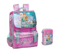 PRESTIGE & DELUXE ZAINO SCUOLA Frozen Elsa and Anna Sisters estensibile rosa + Astuccio 3 piani completo + portachiave con paillettes + 10 penne colorate