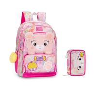 PRESTIGE & DELUXE Zaino Scuola Mofu Mofu orsetto organizzato tondo per bambine + astuccio 3 piani completo di cancelleria + 7 Penne Scatto cancellabili e portachiave pailettes