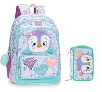 PRESTIGE & DELUXE Zaino Scuola Mofu Mofu Pinguino organizzato tondo per bambine + astuccio 3 piani completo di cancelleria + 7 Penne Scatto cancellabili e portachiave pailettes