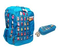 PRESTIGE & DELUXE Zaino Scuola Stumble Guys Azzurro Tondo 3 scomparti con badge - Tinta Unita Pool Over + Astuccio ovale + 7 Penne cancellabili e portachiave Stumble Guys