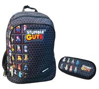 PRESTIGE & DELUXE Zaino Scuola Stumble Guys Nero Tondo 3 scomparti con badge Patch a destra - Tinta Unita Pool Over + Astuccio ovale + 7 Penne cancellabili e portachiave Stumble Guys