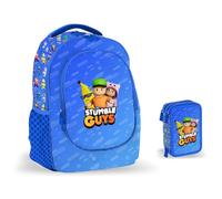 PRESTIGE & DELUXE Zaino Scuola Stumble Guys Tondo 3 scomparti + Astuccio 3 piani completo + omaggio 7 penne cancellabili e portachiave personaggio