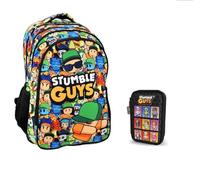 PRESTIGE & DELUXE Zaino Scuola Stumble Guys Tondo 3 Scomparti zip per bambini primaria media + astuccio 3 piani completo + Set scrittura e portachiave personaggio