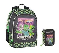 PRESTIGE & DELUXE Zaino Scuola Tondo compatibile con Minecraft per bambini + astuccio 3 piani completo di cancelleria + 7 Penne Scatto cancellabili e portachiave fischietto