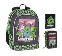 PRESTIGE & DELUXE Zaino Scuola Tondo compatibile con Minecraft per bambini + astuccio 3 piani completo di cancelleria + diario 2025/2026 + 7 Penne Scatto cancellabili e portachiave fischietto