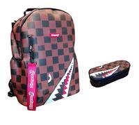 PRESTIGE & DELUXE Zaino Scuola ufficio università Disegno 38 grafica a scacchi marrone con squalo dim. 40x30x16 cm + astuccio ovale zip + 7 Penne Scatto cancellabili e portachiave fischietto