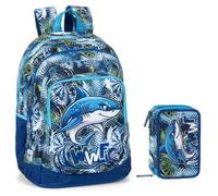 PRESTIGE & DELUXE Zaino Scuola WWF versione Shark Squalo Blu Tondo 3 Scomparti zip per bambini primaria secondaria + Astuccio 3 piani completo di cancelleria + kit penne e portachiave fischietto