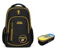 PRESTIGE & DELUXE Zaino Tondo 3 scomparti - King League Patch Intercambiabile - per la scuola primari Bambini + Astuccio BOOMERS ovale zip + Kit penne e portachiave calcio