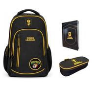 PRESTIGE & DELUXE Zaino Tondo 3 scomparti - King League Patch Intercambiabile - per la scuola primari Bambini + astuccio ovale zip + Diario + Kit penne e portachiave paillettes
