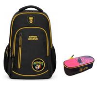 PRESTIGE & DELUXE Zaino Tondo 3 scomparti - King League Patch Intercambiabile - per la scuola primari Bambini + Astuccio ALPAK-FC ovale zip + Kit penne e portachiave calcio