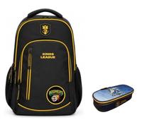 PRESTIGE & DELUXE Zaino Tondo 3 scomparti - King League Patch Intercambiabile - per la scuola primari Bambini + Astuccio STALLIONS ovale zip + Kit penne e portachiave calcio