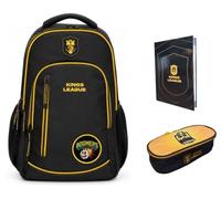 PRESTIGE & DELUXE Zaino Tondo 3 scomparti - King League Patch Intercambiabile - per la scuola primari Bambini + Astuccio FC TRM ovale 22 x 8 x 5 cm + diario + Kit penne e portachiave calcio