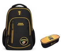 PRESTIGE & DELUXE Zaino Tondo 3 scomparti - King League Patch Intercambiabile - per la scuola primari Bambini + Astuccio TRM FC ovale zip + Kit penne e portachiave calcio