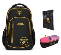 PRESTIGE & DELUXE Zaino Tondo 3 scomparti - King League Patch Intercambiabile - per la scuola primari Bambini + Astuccio ALPAK ovale 22 x 8 x 5 cm + diario + Kit penne e portachiave calcio