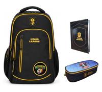 PRESTIGE & DELUXE Zaino Tondo 3 scomparti - King League Patch Intercambiabile - per la scuola primari Bambini + Astuccio GEAR 7 ovale 22 x 8 x 5 cm + diario + Kit penne e portachiave calcio