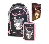 PRESTIGE & DELUXE Zaino Tondo 3 scomparti Kuromi per la scuola Bambine + Astuccio 3 piani + diario 2025/2026 + omaggio 7 penne e portachiave paillettes