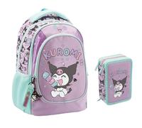 PRESTIGE & DELUXE Zaino Tondo 3 scomparti Kuromi per la scuola primari Bambine + Astuccio 3 piani completo di cancelleria + Kit penne e portachiave paillettes