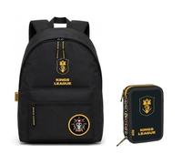PRESTIGE & DELUXE Zaino Tondo americano - King League patch intercambiabile - per la scuola primari Bambini + Astuccio 3 piani completo di cancelleria + Kit penne e portachiave paillettes