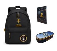 PRESTIGE & DELUXE Zaino Tondo americano - King League Patch Intercambiabile - per la scuola primari Bambini + Astuccio STALLIONS ovale zip + diario + Kit penne e portachiave calcio