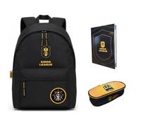 PRESTIGE & DELUXE Zaino Tondo americano - King League Patch Intercambiabile - per la scuola primari Bambini + Astuccio TRM FC ovale zip + diario + Kit penne e portachiave calcio