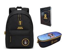 PRESTIGE & DELUXE Zaino Tondo americano - King League Patch Intercambiabile - per la scuola primari Bambini + Astuccio GEAR 7 ovale zip + diario + Kit penne e portachiave calcio