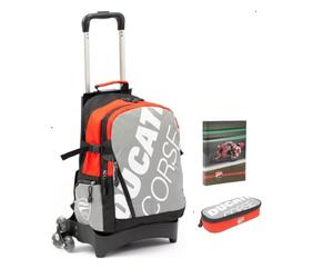 PRESTIGE & DELUXE Zaino Trolley 3 ruote Ducati Corse, 2 Scomparti per scuola primaria e secondaria ragazzo bambino, comodo, sicuro, veloce e divertente + Astuccio ovale zip + Diario