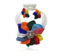 PrestigeApplause Set di gioielli con perline bianche e multicolore, fatte a mano, collana da sposa africana, braccialetto, orecchini, taglia unica, perline, senza gemme, taglia unica, perline, senza