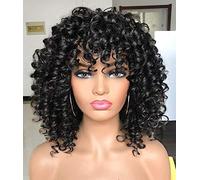 PRETTIEST Parrucca afro riccia con frangia, per donne nere, parrucca riccia crespa, per uso quotidiano (nero)