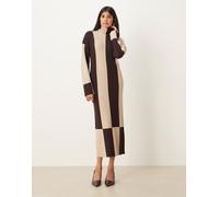 Pretty Lavish - Vestito maglia al polpaccio accollato con stampa a righe combinate beige e marrone-Multicolore XS