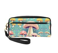 Pretty Little Mushrooms - Piccola trousse da viaggio in pelle con stampa di funghi, borsa da viaggio per donne, astuccio cosmetico riutilizzabile con cerniera, Nero , Taglia unica